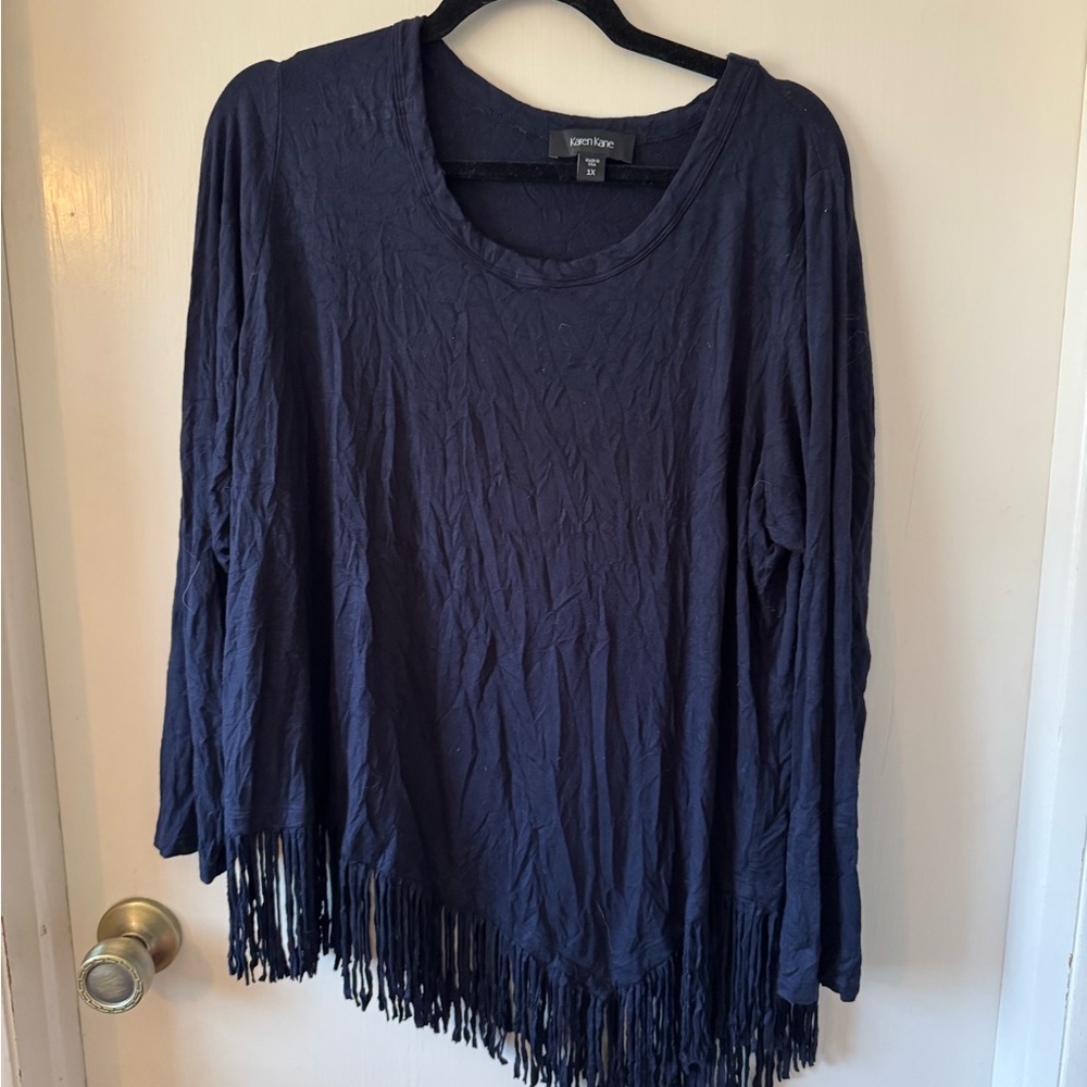 Karen Kane 1x Navy Blue Asymmetrical Fringe Hem Long sleeve Boho Top made in USA